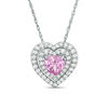 Lab-Created Pink and White Sapphire Double Frame Heart Pendant in Sterling Silver