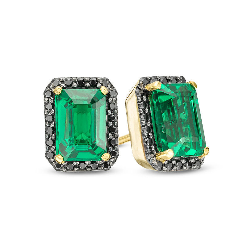 Emerald-Cut Lab-Created Emerald and 0.23 CT. T.W. Black Diamond Frame Stud Earrings in 10K Gold|Peoples Jewellers