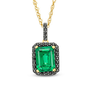 Emerald-Cut Lab-Created Emerald and 0.14 CT. T.W. Black Diamond Frame Pendant in 10K Gold