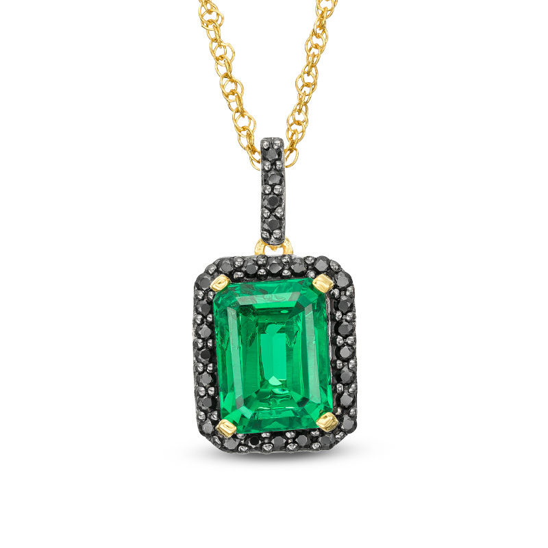 Emerald-Cut Lab-Created Emerald and 0.14 CT. T.W. Black Diamond Frame Pendant in 10K Gold|Peoples Jewellers
