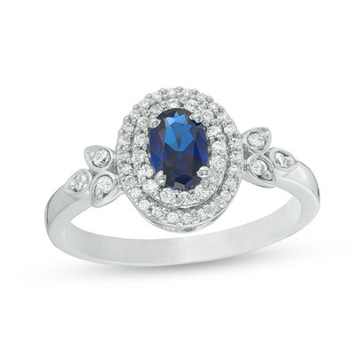 Oval Lab-Created Blue Sapphire and 0.23 CT. T.W. Diamond Double Frame Ring in 10K White Gold