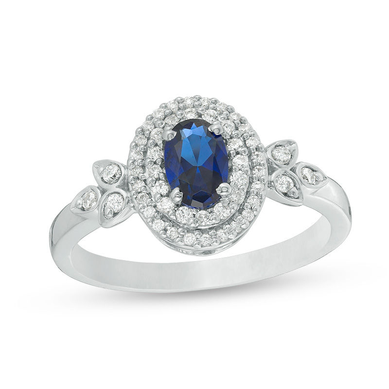 Oval Lab-Created Blue Sapphire and 0.23 CT. T.W. Diamond Double Frame Ring in 10K White Gold|Peoples Jewellers