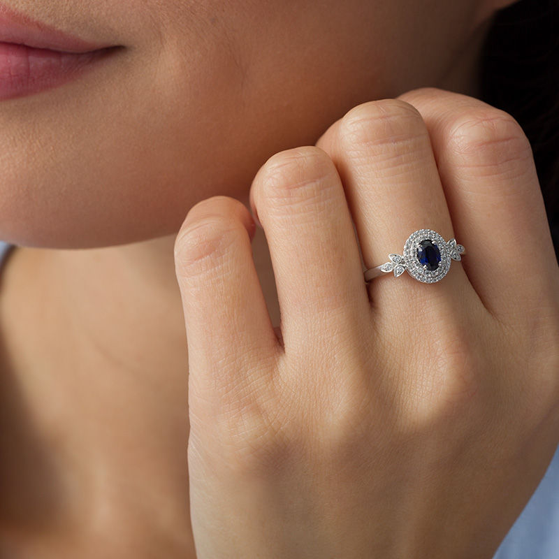 Oval Lab-Created Blue Sapphire and 0.23 CT. T.W. Diamond Double Frame Ring in 10K White Gold
