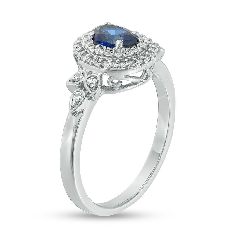 Oval Lab-Created Blue Sapphire and 0.23 CT. T.W. Diamond Double Frame Ring in 10K White Gold