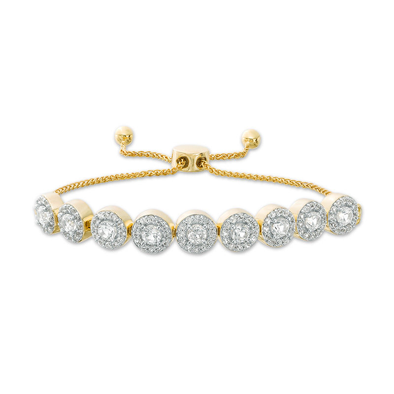Lab-Created White Sapphire Frame Nine Stone Bolo Bracelet in Sterling Silver with 14K Gold Plate - 9.5"