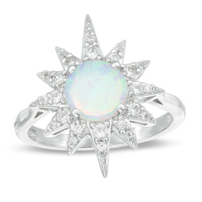 Lab-Created Opal and White Sapphire Starburst Frame Ring in Sterling Silver