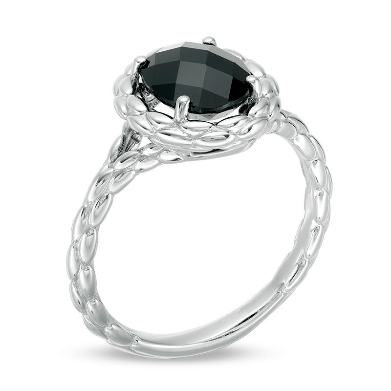 Oval Onyx Beaded Frame and Shank Ring in Sterling Silver