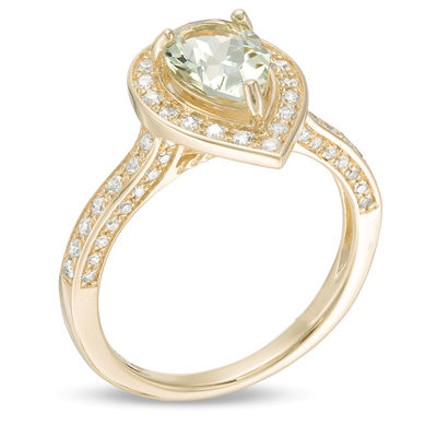 Pear-Shaped Green Quartz and 0.37 CT. T.W. Diamond Frame Ring in 10K Gold