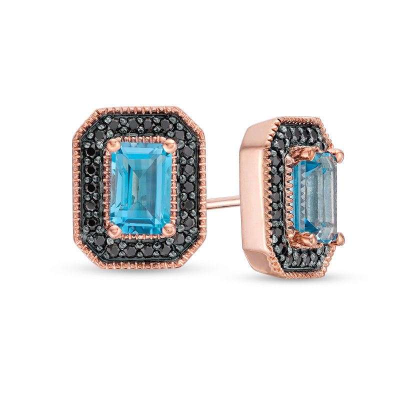 Emerald-Cut Blue Topaz and 0.23 CT. T.W. Black Diamond Frame Vintage-Style Stud Earrings in 10K Rose Gold|Peoples Jewellers