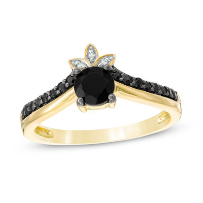 5.0mm Black Spinel and Diamond Accent Leaves Chevron Ring in 10K Gold