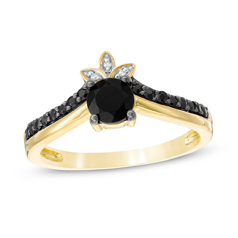 5.0mm Black Spinel and Diamond Accent Leaves Chevron Ring in 10K Gold|Peoples Jewellers