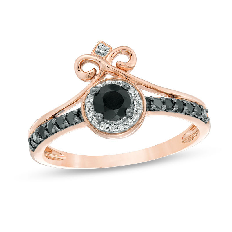 Black Spinel and Diamond Accent Frame Scroll Chevron Ring in 10K Rose Gold|Peoples Jewellers