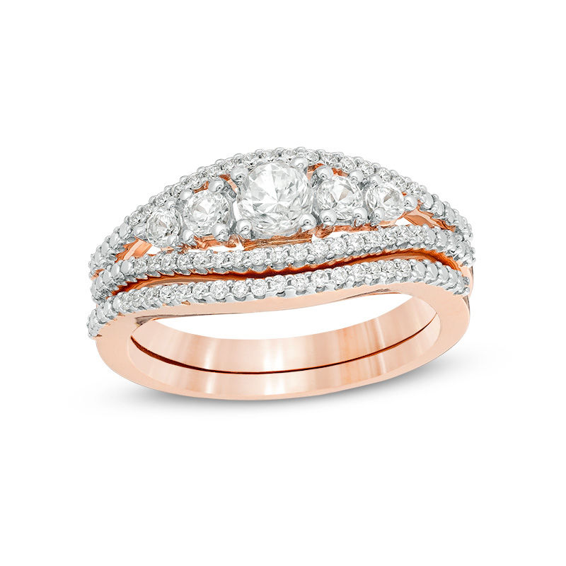 Lab-Created White Sapphire and 0.17 CT. T.W. Diamond Five Stone Bridal Set in 10K Rose Gold
