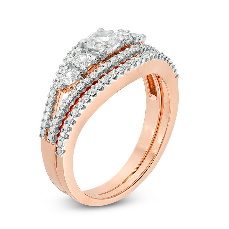 Lab-Created White Sapphire and 0.17 CT. T.W. Diamond Five Stone Bridal Set in 10K Rose Gold