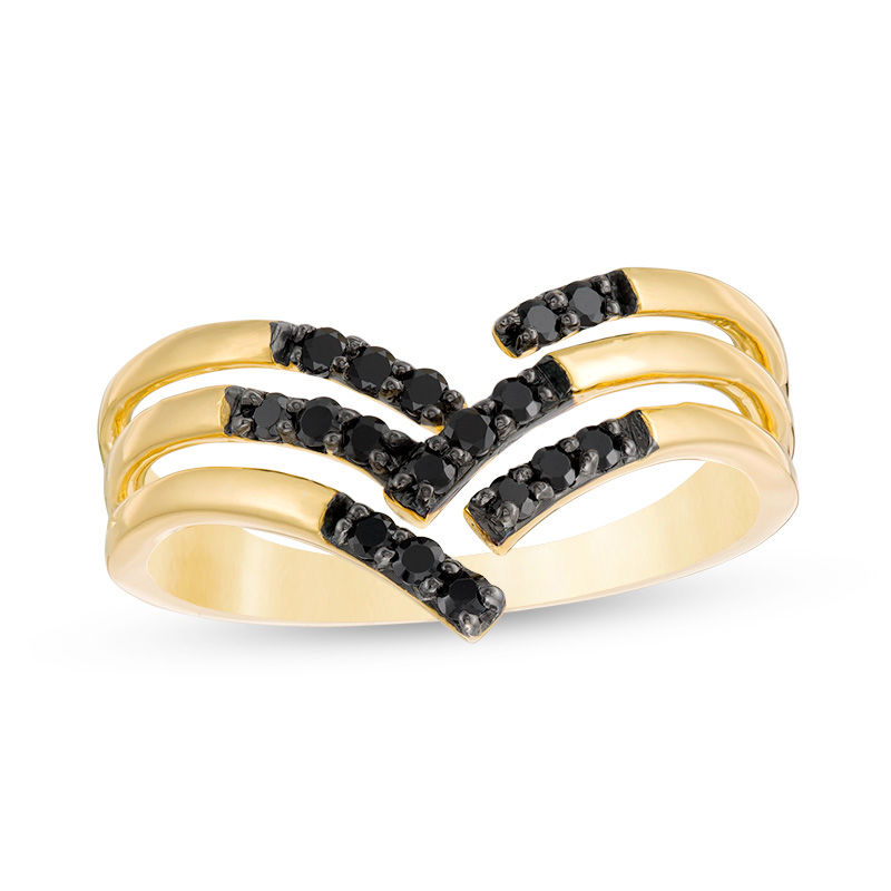 Black Spinel Woven Split Shank Chevron Ring in Sterling Silver with 14K Gold Plate|Peoples Jewellers