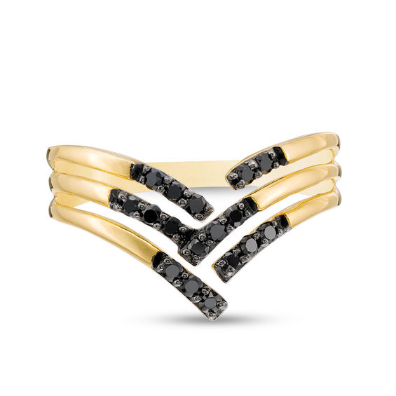 Black Spinel Woven Split Shank Chevron Ring in Sterling Silver with 14K Gold Plate