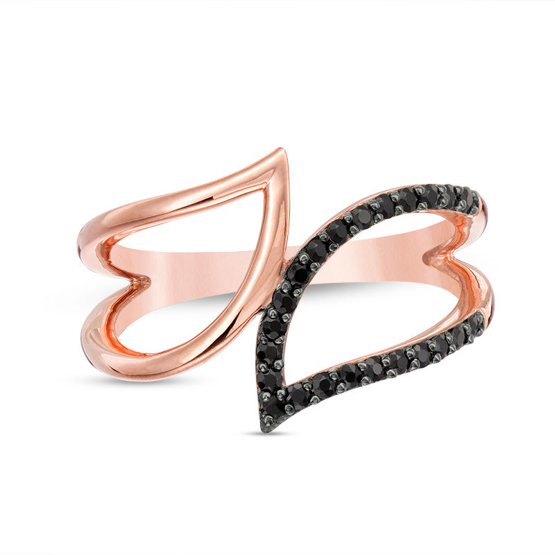 Black Spinel Open Leaves Bypass Ring in Sterling Silver with 14K Rose Gold Plate|Peoples Jewellers