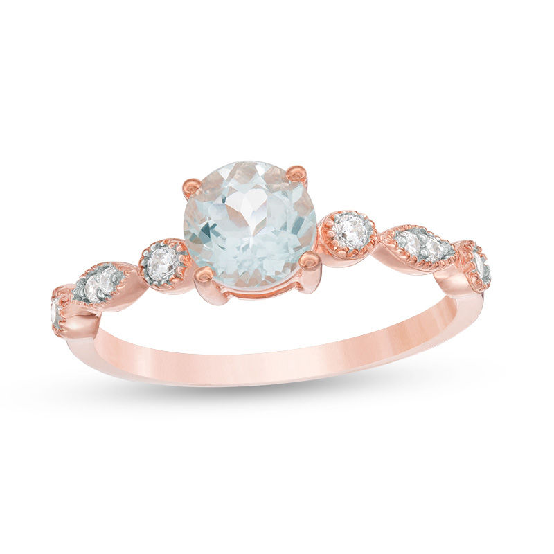 6.0mm Aquamarine and 0.11 CT. T.W. Diamond Vintage-Style Ring in 10K Rose Gold|Peoples Jewellers
