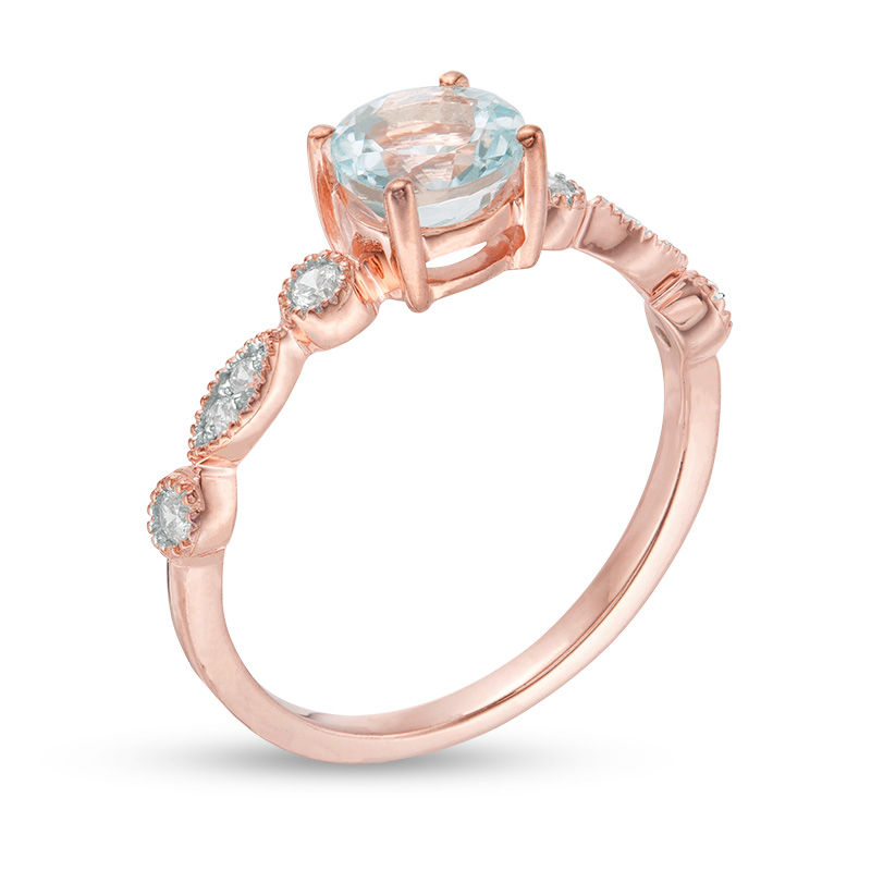 6.0mm Aquamarine and 0.11 CT. T.W. Diamond Vintage-Style Ring in 10K Rose Gold