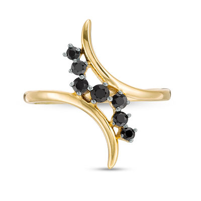 Black Spinel Cascading Bypass Ring in Sterling Silver with 14K Gold Plate