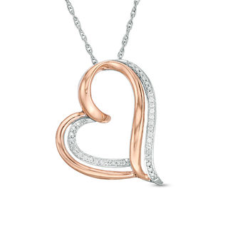 0.04 CT. T.W. Diamond Tilted Double Heart Pendant in Sterling Silver and 10K Rose Gold