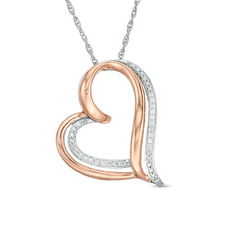 0.04 CT. T.W. Diamond Tilted Double Heart Pendant in Sterling Silver and 10K Rose Gold|Peoples Jewellers