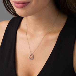 Diamond Accent Tilted Double Heart Pendant in Sterling Silver and 10K Rose Gold