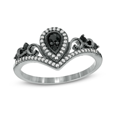 Black Spinel and Lab-Created White Sapphire Pear Frame Tiara Ring in Sterling Silver with Black Rhodium