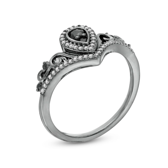 Black Spinel and Lab-Created White Sapphire Pear Frame Tiara Ring in Sterling Silver with Black Rhodium