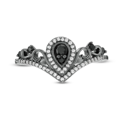 Black Spinel and Lab-Created White Sapphire Pear Frame Tiara Ring in Sterling Silver with Black Rhodium