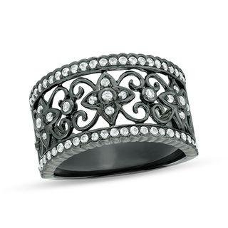 Lab-Created White Sapphire Ornate Scroll and Flowers Ring in Sterling Silver with Black Rhodium