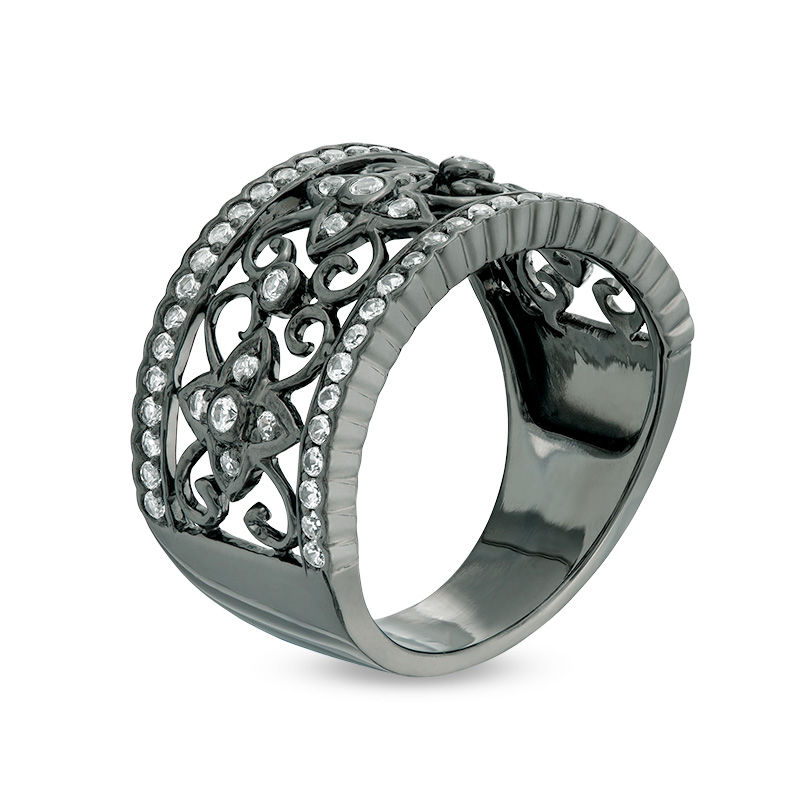 Lab-Created White Sapphire Ornate Scroll and Flowers Ring in Sterling Silver with Black Rhodium
