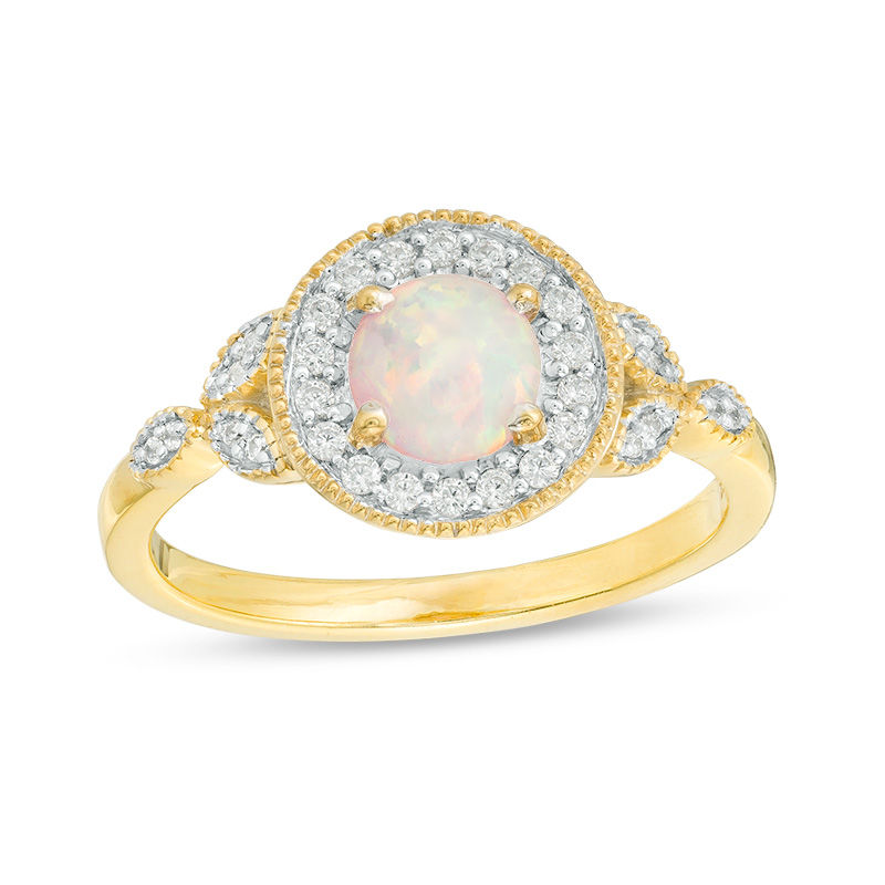 5.5mm Lab-Created Opal and 0.14 CT. T.W. Diamond Frame Vintage-Style Ring in 10K Gold|Peoples Jewellers
