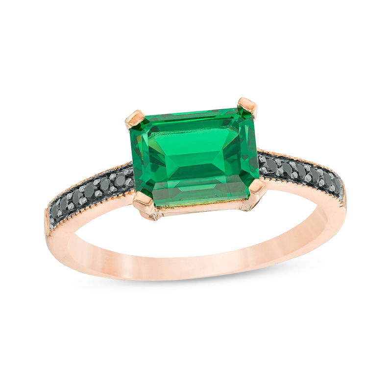Emerald-Cut Lab-Created Emerald and 0.066 CT. T.W. Black Diamond Ring in 10K Rose Gold|Peoples Jewellers