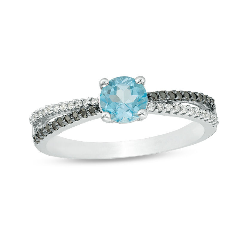 5.0mm Blue Topaz and 0.14 CT. T.W. Enhanced Black and White Diamond Criss-Cross Ring in Sterling Silver|Peoples Jewellers