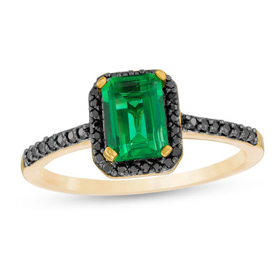 Emerald-Cut Lab-Created Emerald and 0.14 CT. T.W. Black Diamond Frame Ring in 10K Gold