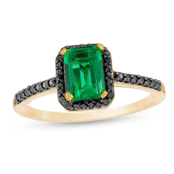 Emerald-Cut Lab-Created Emerald and 0.14 CT. T.W. Black Diamond Frame Ring in 10K Gold