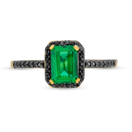 Emerald-Cut Lab-Created Emerald and 0.14 CT. T.W. Black Diamond Frame Ring in 10K Gold