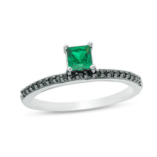 Princess-Cut Lab-Created Emerald and 0.11 CT. T.W. Black Diamond Ring in Sterling Silver