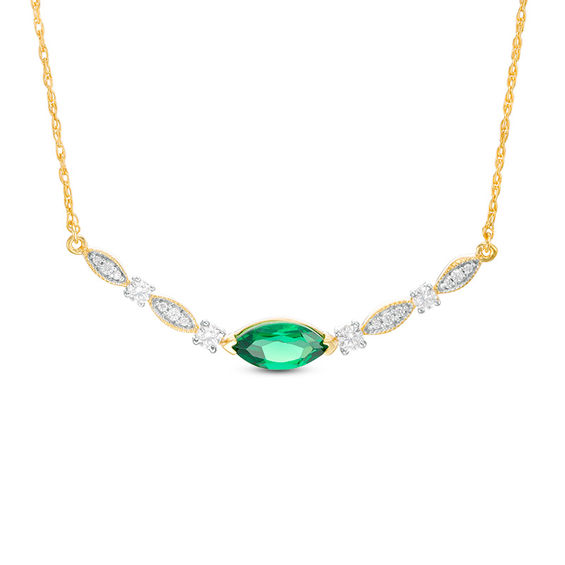 Marquise Lab-Created Emerald and 0.18 CT. T.W. Diamond Vintage-Style Necklace in 10K Gold