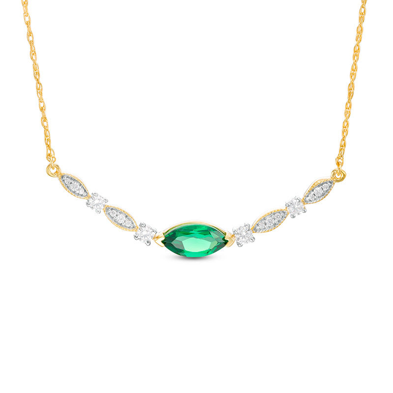 Marquise Lab-Created Emerald and 0.18 CT. T.W. Diamond Vintage-Style Necklace in 10K Gold|Peoples Jewellers