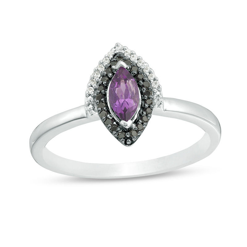 Marquise Amethyst and 0.11 CT. T.W. Enhanced Black and White Diamond Frame Ring in Sterling Silver