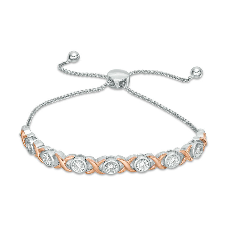 0.18 CT. T.W. Diamond "XO" Bolo Bracelet in Sterling Silver and 10K Rose Gold - 9.5"|Peoples Jewellers