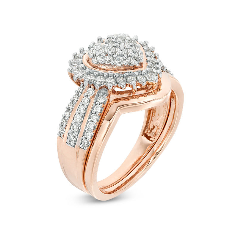 0.58 CT. T.W. Composite Diamond Sunburst Heart Frame Multi-Row Bridal Set in Sterling Silver with 14K Rose Gold Plate|Peoples Jewellers