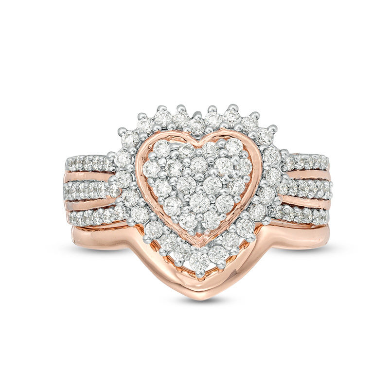0.58 CT. T.W. Composite Diamond Sunburst Heart Frame Multi-Row Bridal Set in Sterling Silver with 14K Rose Gold Plate