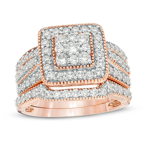 1.23 CT. T.W. Multi-Diamond Square Frame Vintage-Style Multi-Row Bridal Set in 10K Rose Gold