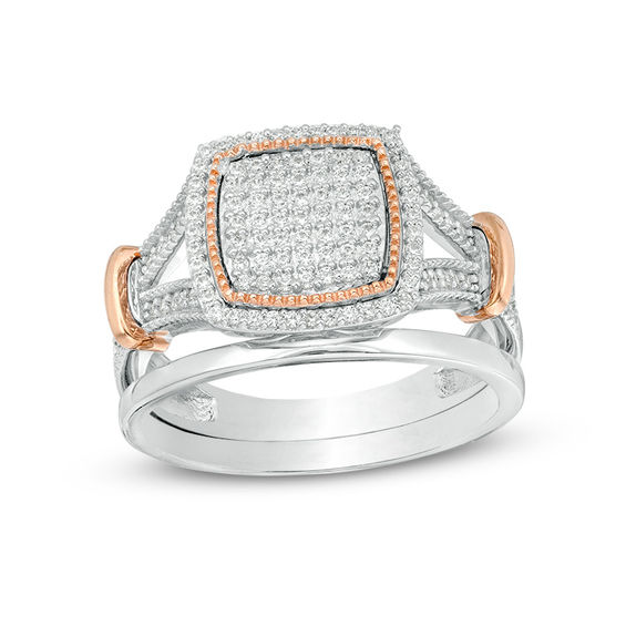 0.37 CT. T.W. Composite Diamond Cushion Frame Collar Vintage-Style Bridal Set in Sterling Silver and 10K Rose Gold