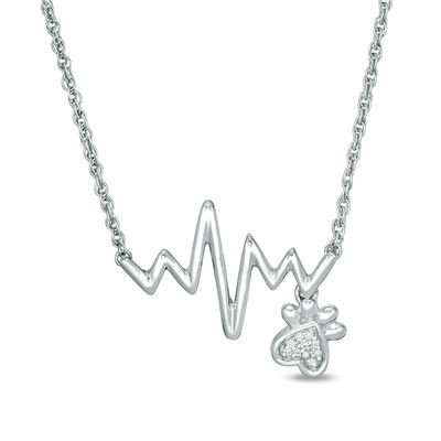 Diamond Accent Heartbeat and Paw Print Dangle Necklace in Sterling Silver