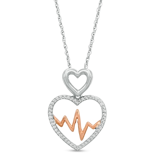 0.148 CT. T.W. Diamond Double Heart and Heartbeat Pendant in Sterling Silver and 10K Rose Gold