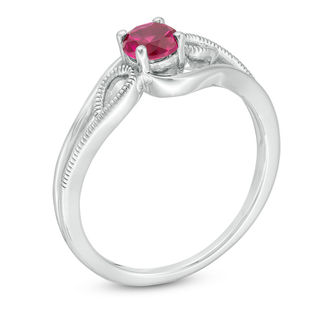 4.0mm Lab-Created Ruby Solitaire Textured Loop Bypass Split Shank Promise Ring in Sterling Silver